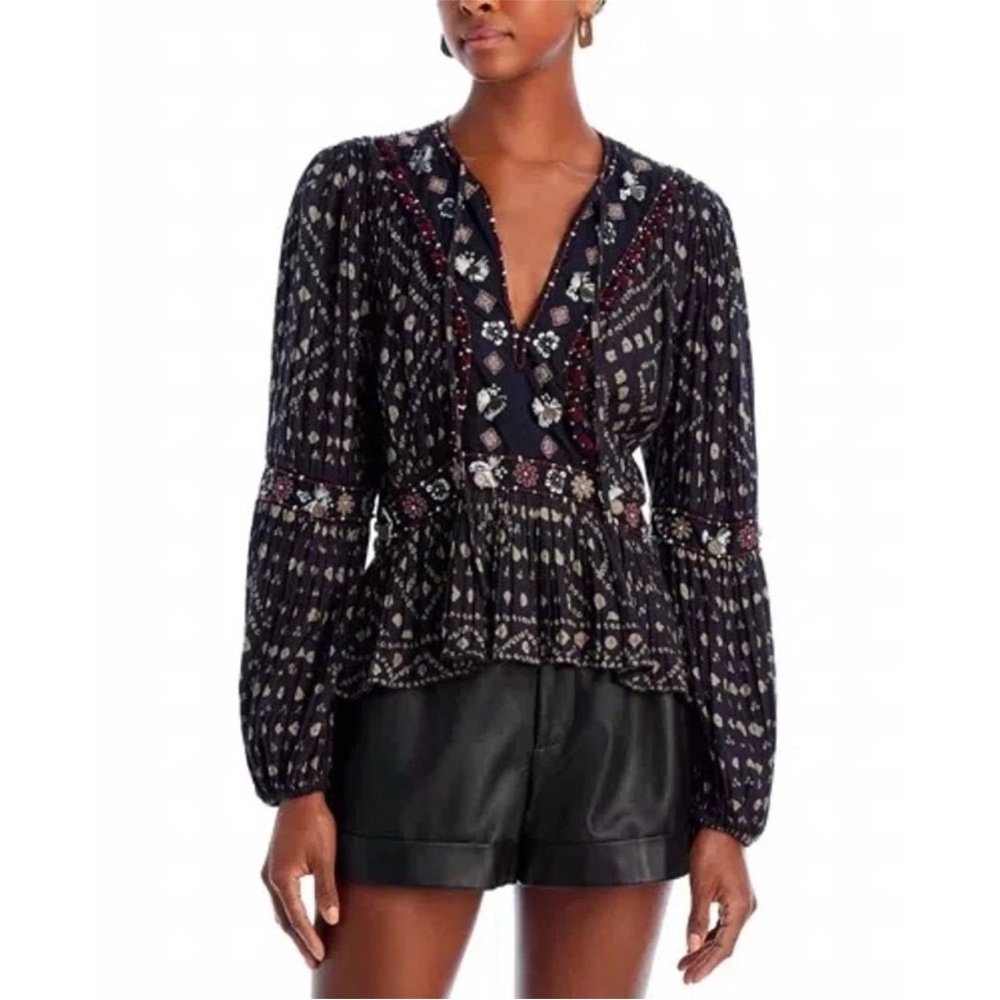 NWT! SEA NEW YORK Women’s SMALL Maja Embroidered Long Sleeve Top Black Boho